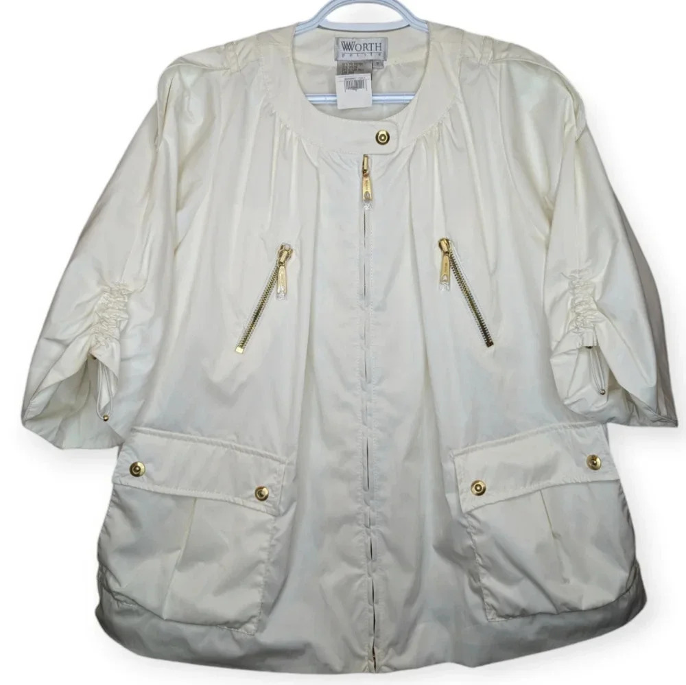 NWT Worth Petite White w/ Gold Details Cropped Arm Belted Jacket P Size